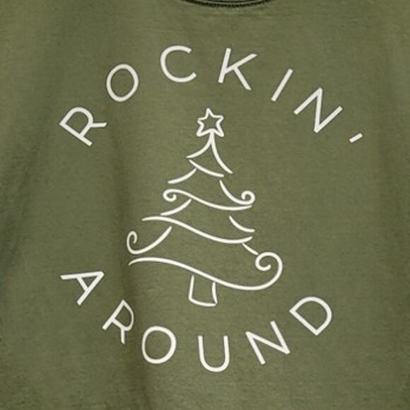 Hand Printed Upcycled Womens Medium Rockin Around Christmas Tree Tee Shirt - Picture 2 of 4
